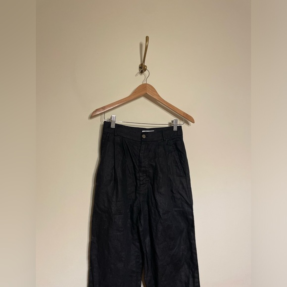 Reformation Mason Linen Pleated High Waist Wide Leg Trouser Pants in Black - Picture 4 of 6